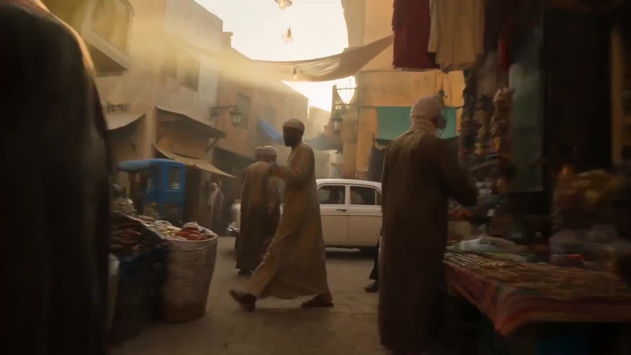 Seedance 2.0 Prompt: 1960s Khan El-Khalili Market Whip Pan at Sunrise