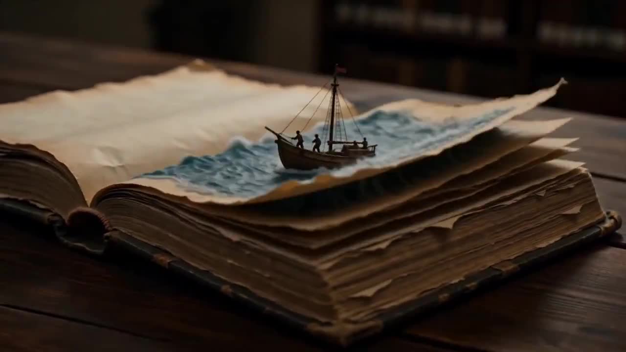 Ancient Book Stormy Sea Diorama - Seedance 2.0 Prompt