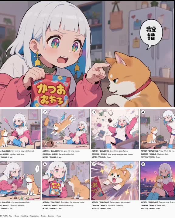 Seedance 2.0 Prompt: Anime Comedy with Cat Chaos