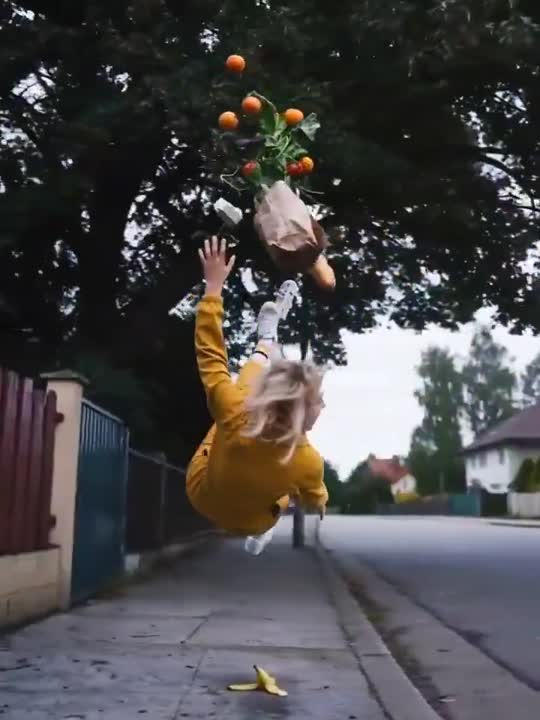 Seedance 2.0 Prompt: Bullet Time Fall with 360 Camera Orbit