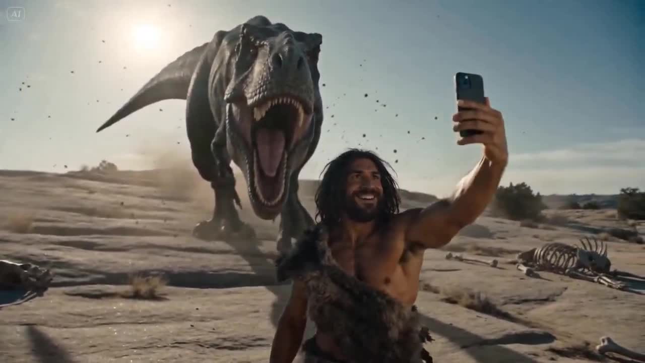 Seedance 2.0 Prompt: Bullet Time Caveman Selfie Video
