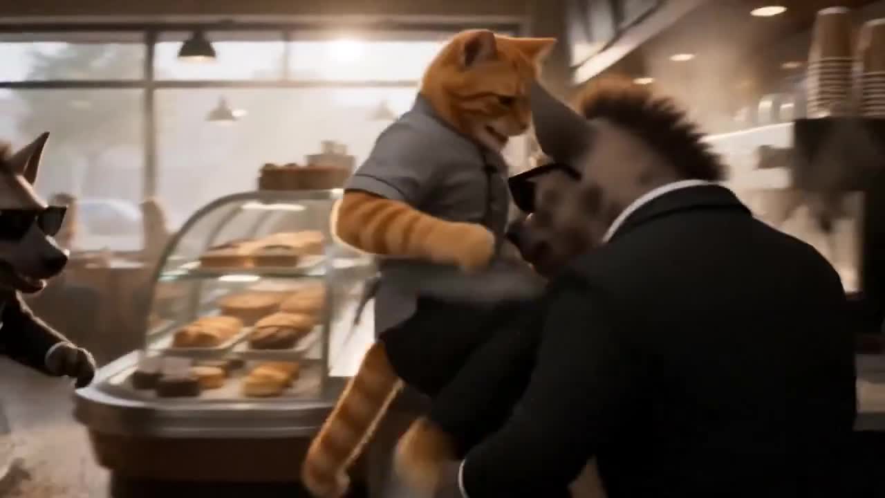 Seedance 2.0 Prompt: Ultra-realistic Café Fight with an Orange Tabby Waiter