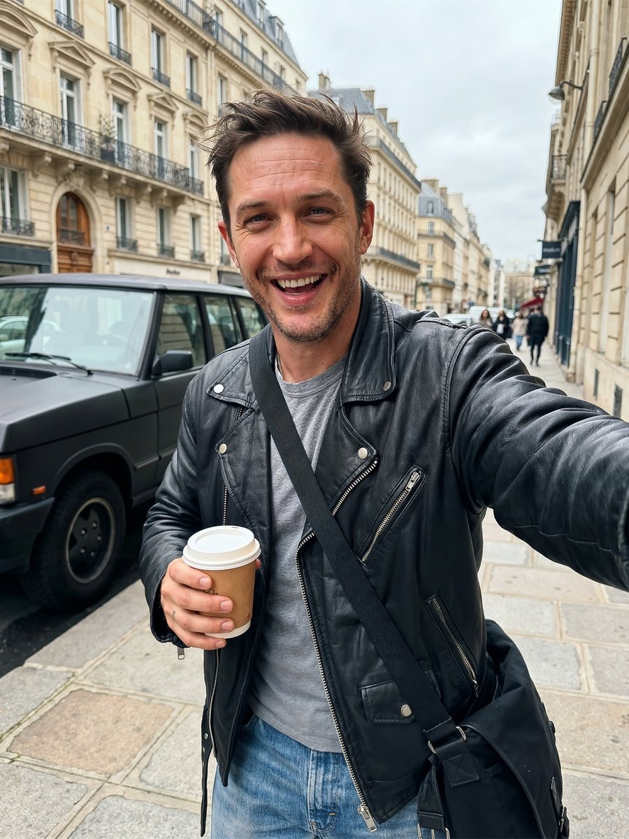 Candid iPhone Street Selfie: Man Laughing in European City AI image prompt preview generated with Synterial