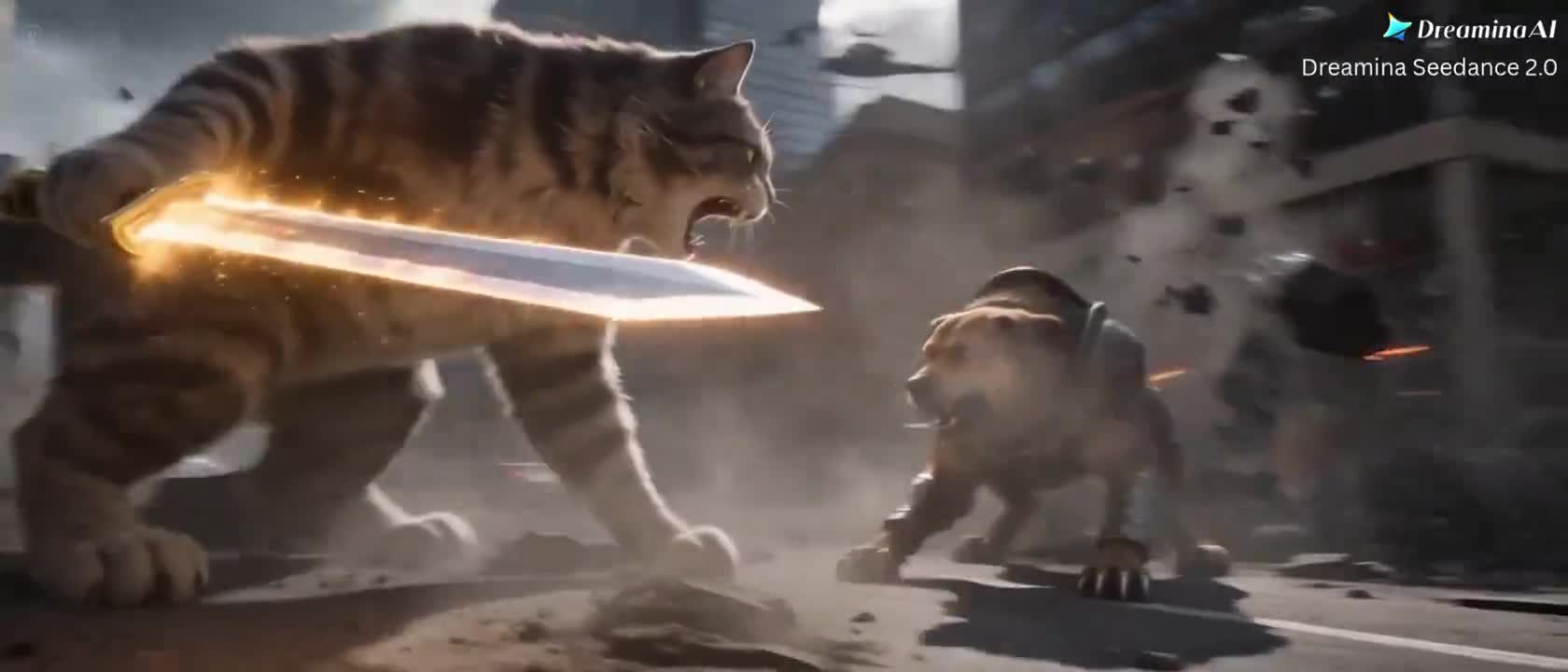 Seedance 2.0 Prompt: Epic Cat vs Dog Battle - Slow Motion VFX