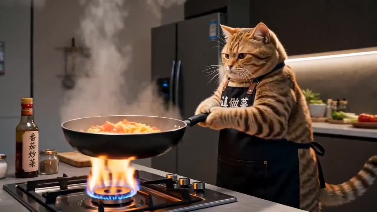 Seedance 2.0 Prompt: Cat Chef Cooks Tomato & Eggs in a Modern Kitchen