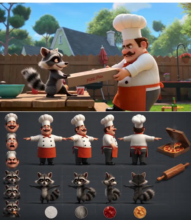Seedance 2.0 Prompt: Chef vs. Raccoon Pizza Battle 3D Animation