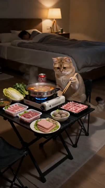 Seedance 2.0 Prompt: Chubby Golden Shorthair Cat Eating Chinese Food