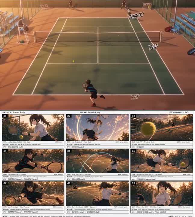 Seedance 2.0 Prompt: Cinematic Anime Tennis at Sunset