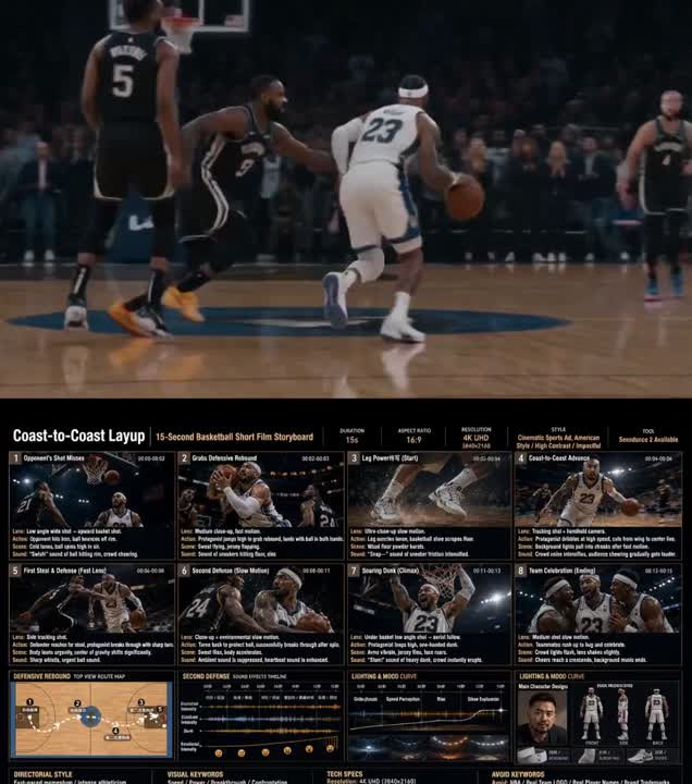 Seedance 2.0 Prompt: Cinematic Basketball Storyboard Animation