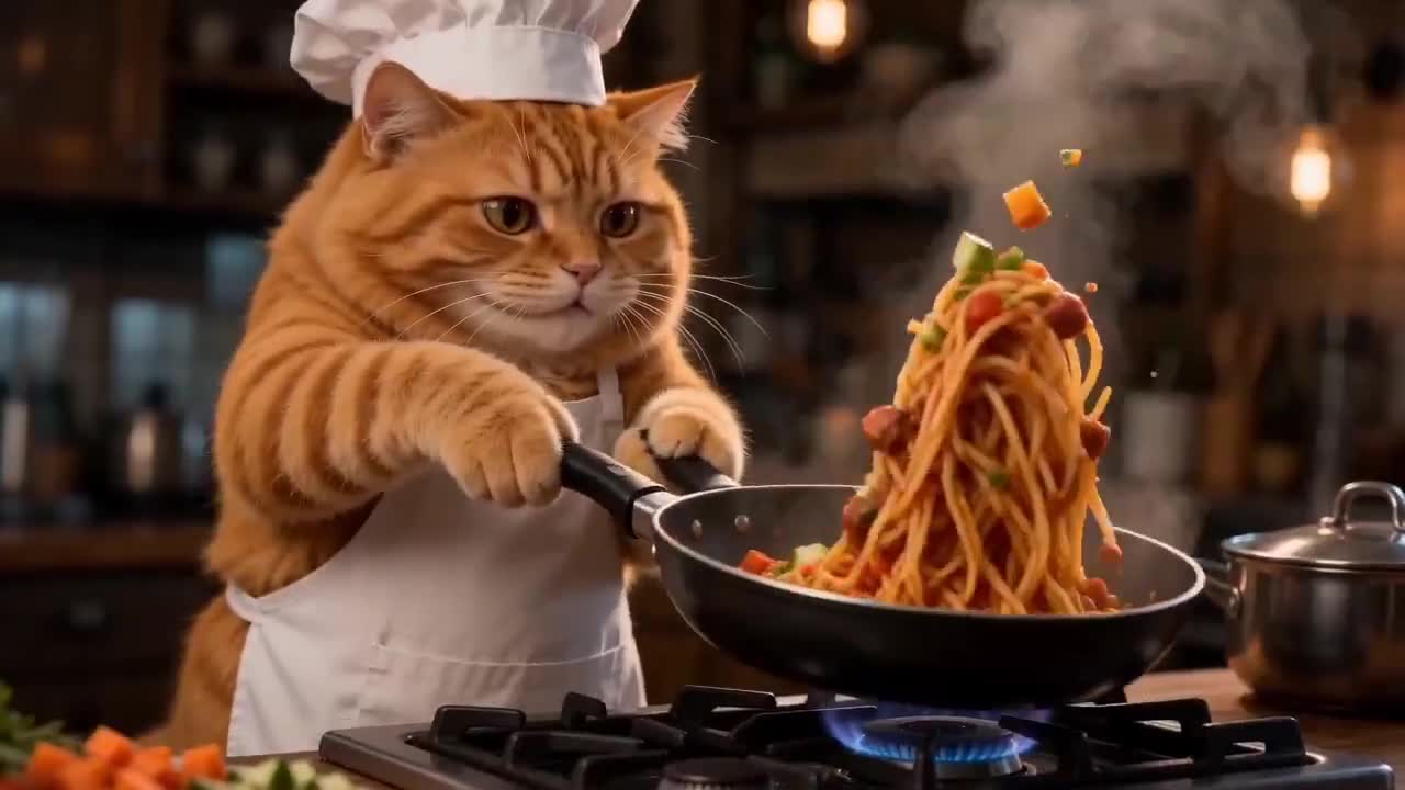 Seedance 2.0 Prompt: Cinematic Cat Chef Cooking Pasta