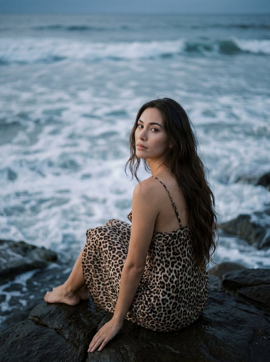 Cinematic Leopard Fashion AI Image Prompt - Coastal Portrait AI image prompt preview generated with Synterial