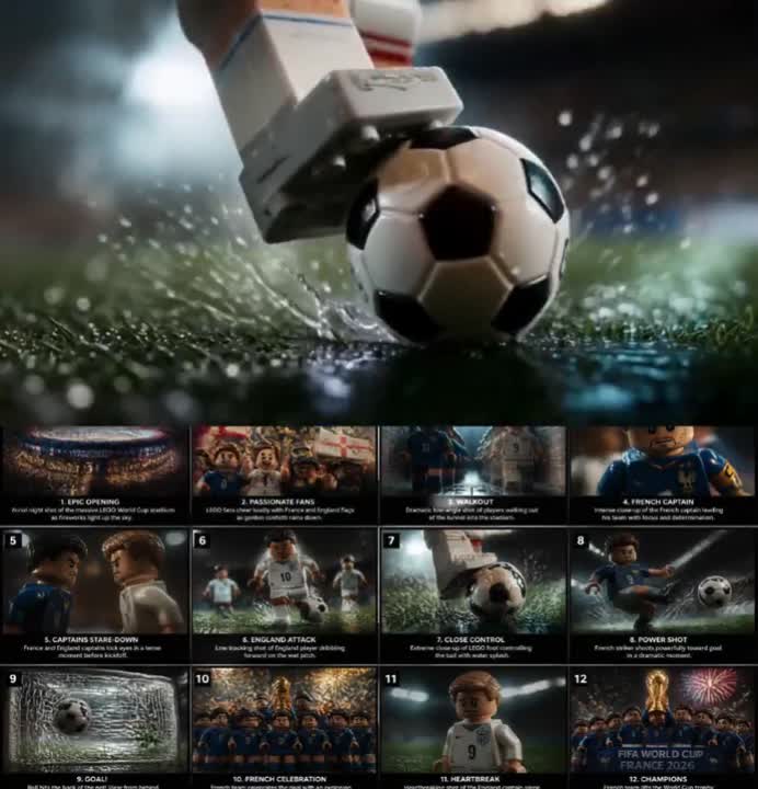 Seedance 2.0 Prompt: Cinematic LEGO Football World Cup Short Film