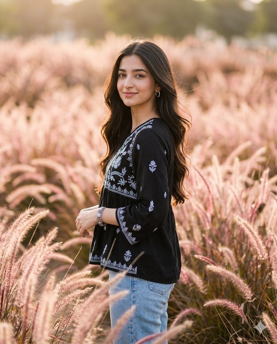Cinematic Golden Hour Portrait AI Image Prompt: Woman in Pink Grass | Nano Banana Pro AI image prompt preview generated with Synterial
