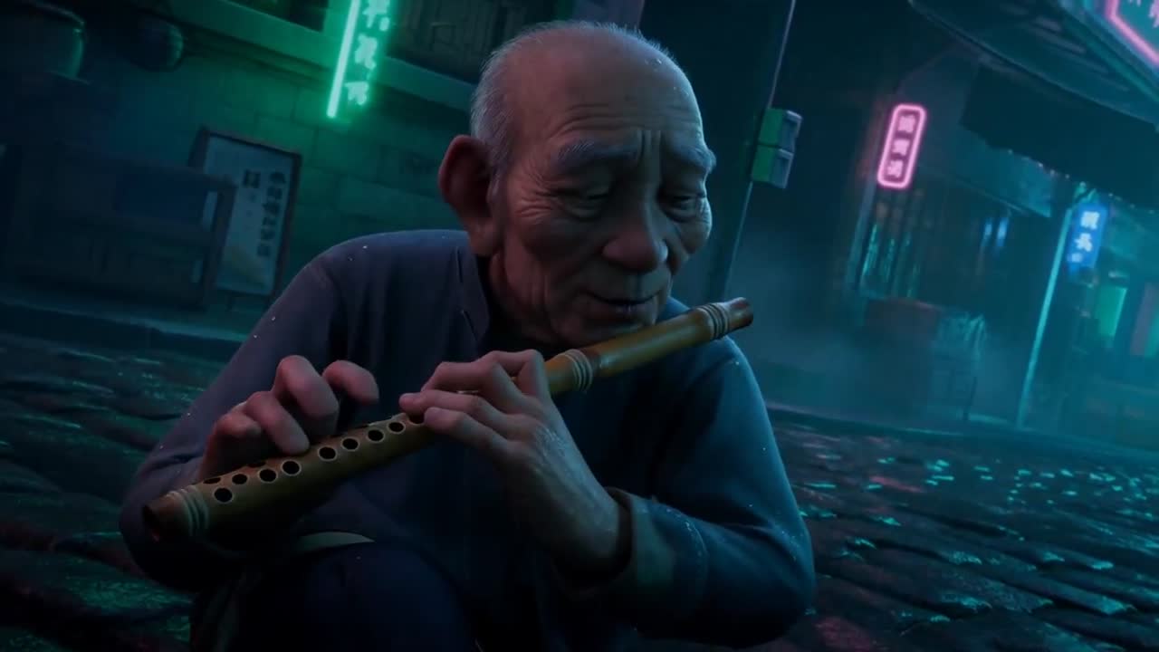 Seedance 2.0 Prompt: Flute Player in Cyberpunk Alley