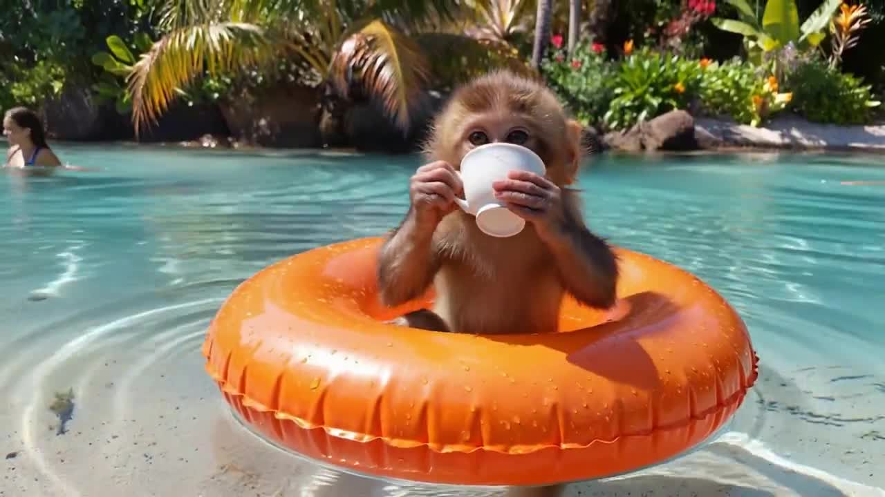 Seedance 2.0 Prompt: Cute Monkey Relaxing with Tea in Pool