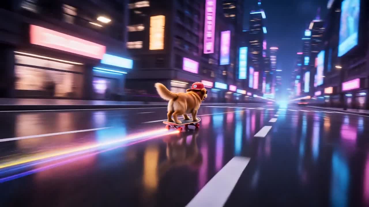 Cyber-City Skateboard Dog Animation - Seedance 2.0 Prompt