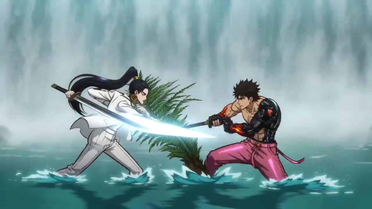 Seedance 2.0 Prompt: Cyber Wuxia Waterfall Duel Video