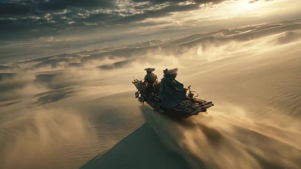 Seedance 2.0 Prompt: Cyberpunk Wuxia Desert Fishing Boat