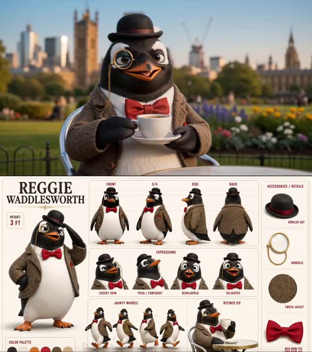 Seedance 2.0 Prompt: Dapper Penguin Morning Coffee