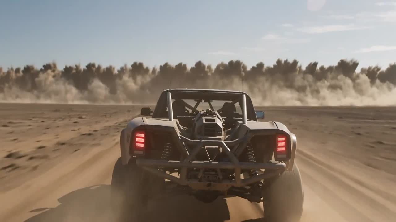 Seedance 2.0 Prompt: Hyper-real Desert Truck Race, Dust Wave Chase