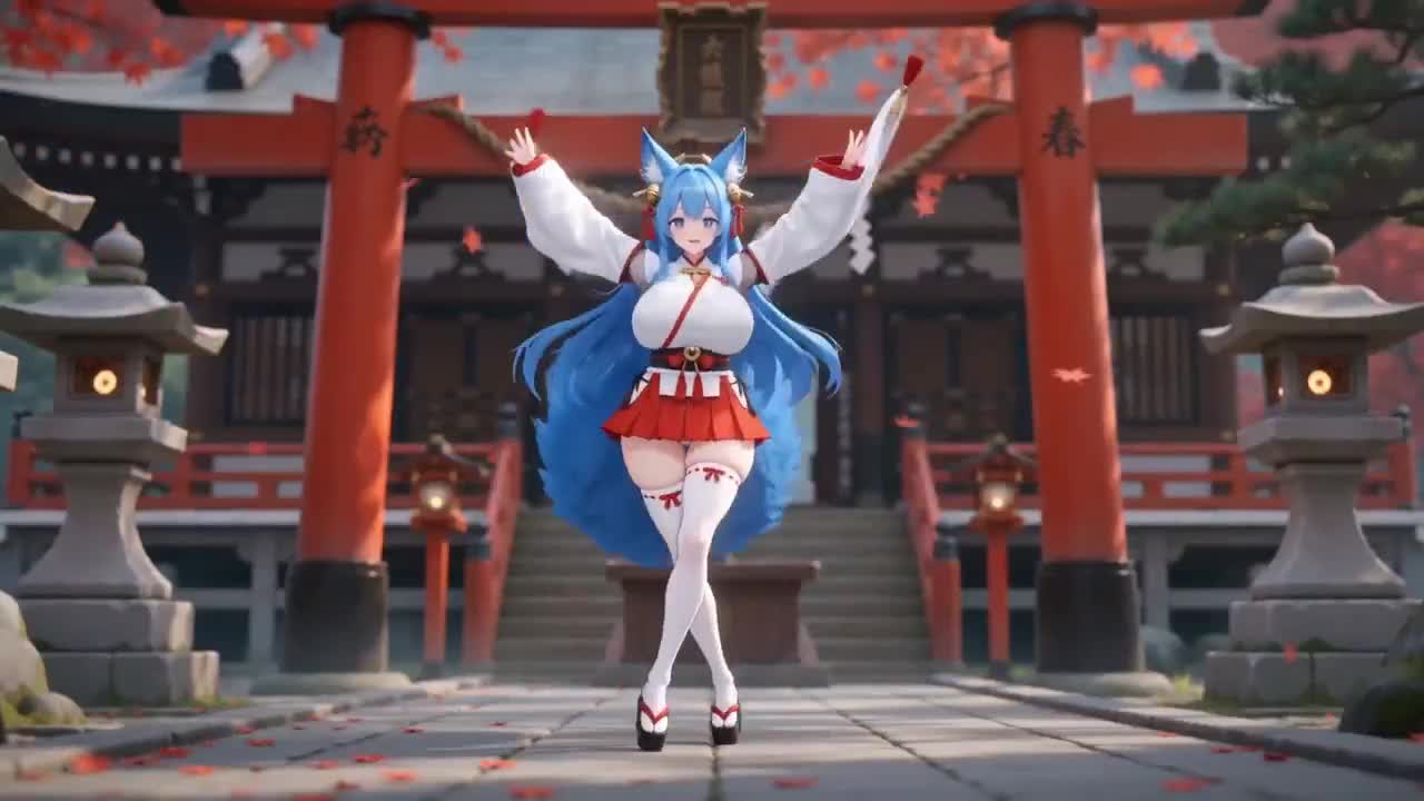 Seedance 2.0 Prompt: Blue-Haired Fox Girl Dancing in Japanese Shrine