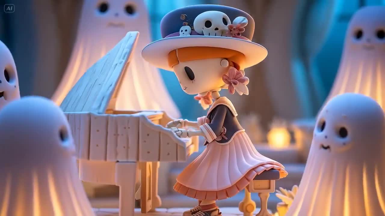 Seedance 2.0 Prompt: Skeleton Girl Playing Piano in Clay Diorama