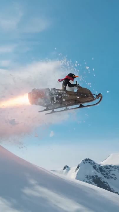 Seedance 2.0 Prompt: Penguin Rocket Sled on Icy Mountain