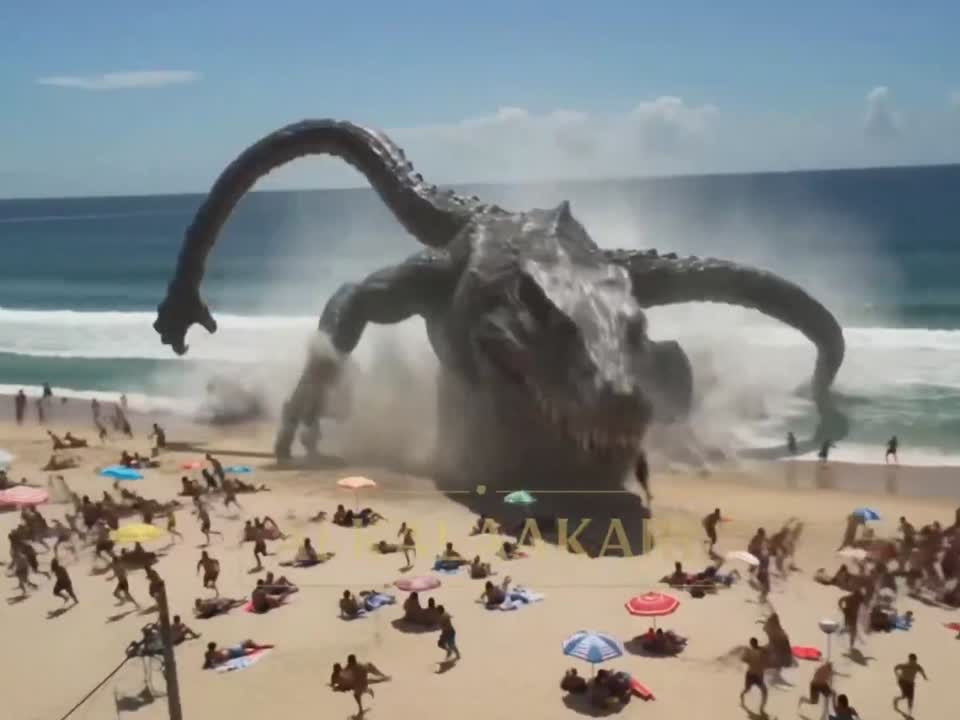 Dinosaur Crocodile Hybrid Beach Attack - Seedance 2.0 Prompt