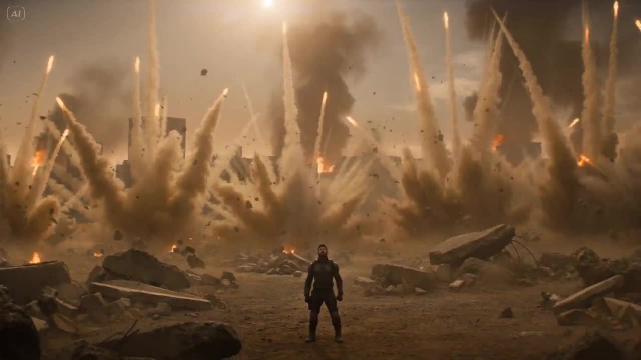 Seedance 2.0 Prompt: Lone Hero in Destroyed City with Explosions