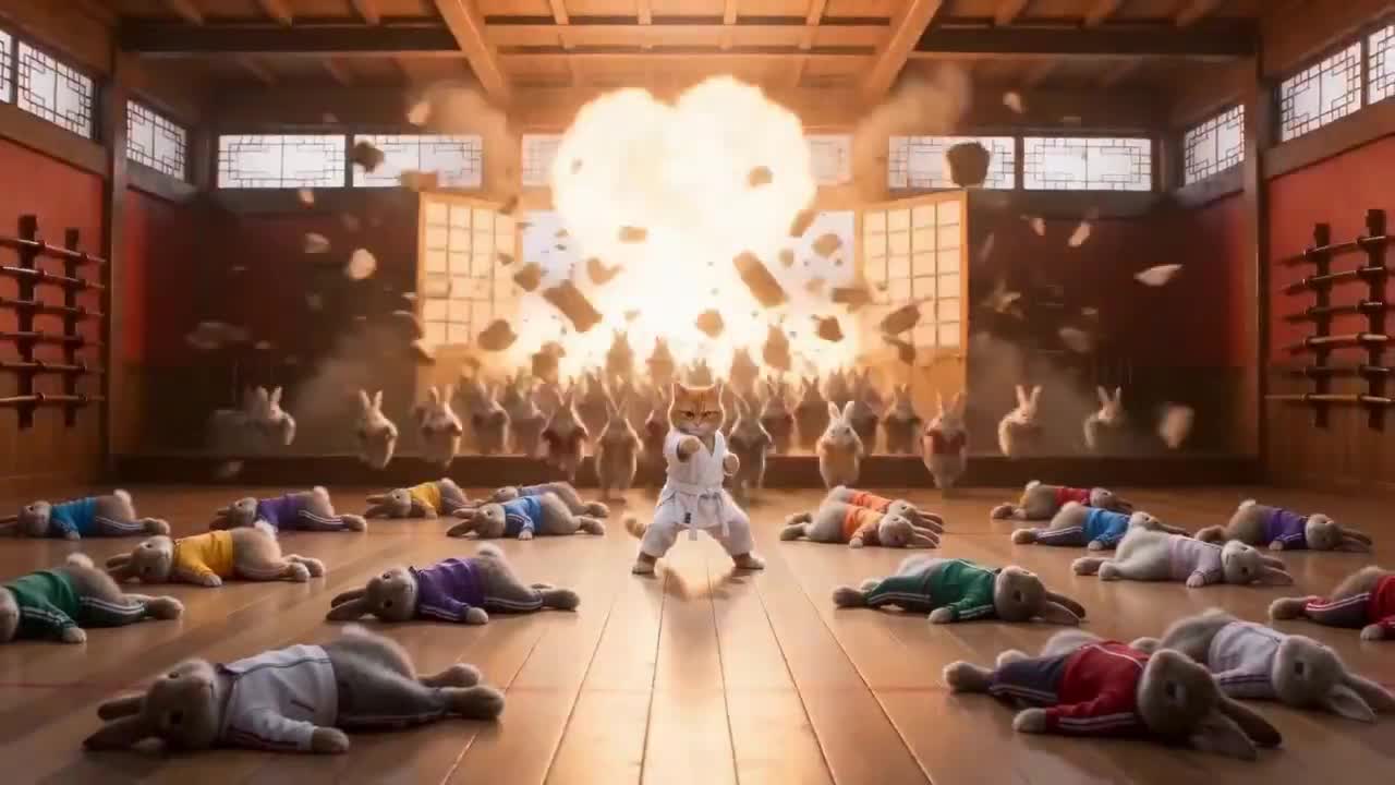 Seedance 2.0 Prompt: Cat Master vs. Rabbit Students Martial Arts Battle