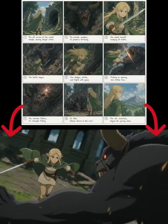 Seedance 2.0 Prompt: Studio Ghibli Elf vs. Monster Animation
