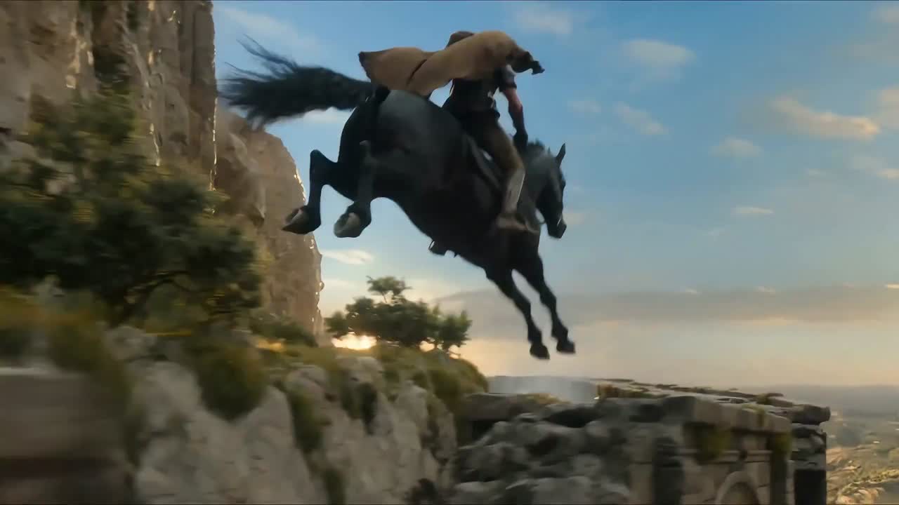 Seedance 2.0 Prompt: Fantasy Warhorse Aqueduct Action Shot