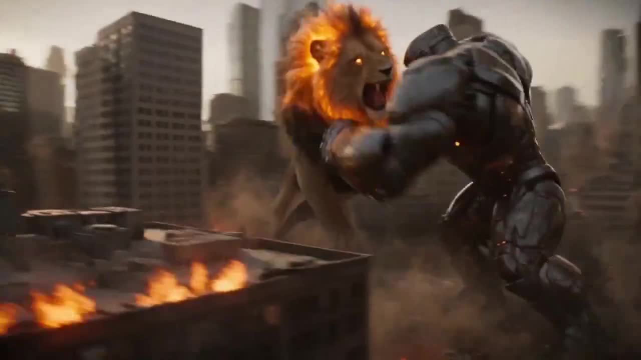 Seedance 2.0 Prompt: Fire Lion vs. Mech Warrior - Cinematic 8K Action