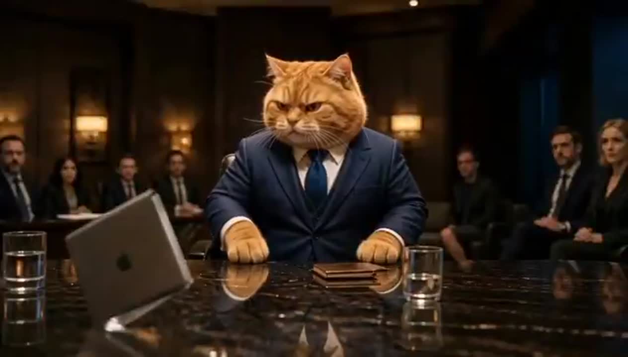 Fluffy Cat CEO Corporate Boardroom Drama - Seedance 2.0 Prompt
