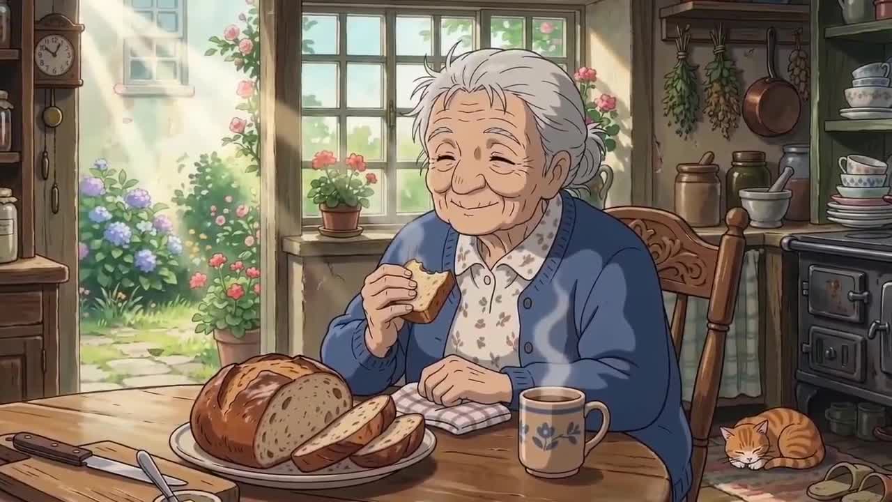 Seedance 2.0 Prompt: Ghibli-Style Elderly Woman Kitchen Scene