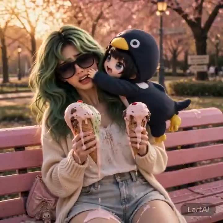 Seedance 2.0 Prompt: Girl and Penguin's Melting Ice Cream Chaos