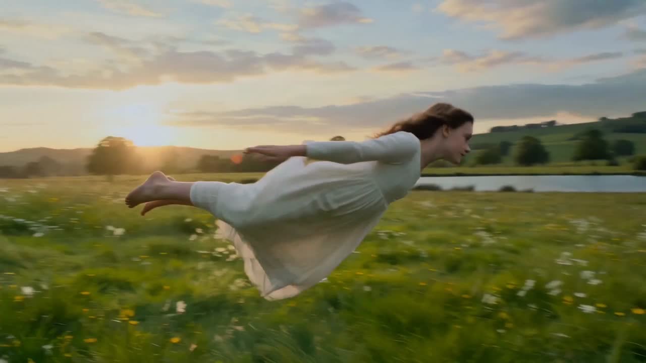 Seedance 2.0 Prompt: Girl Flying Over Meadow Lake