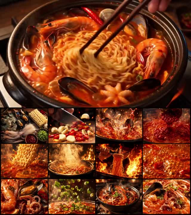 Seedance 2.0 Prompt: Korean Fire Seafood Ramen Animation
