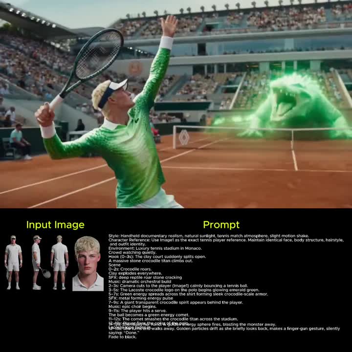 Seedance 2.0 Prompt: Lacoste Surreal Tennis Match - Crocodile Titan