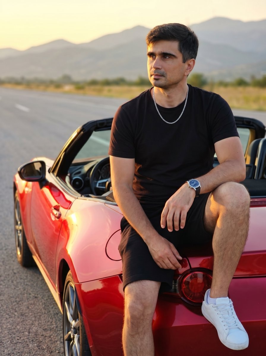 Nano Banana Pro AI Image Prompt: Man on Red Convertible Sports Car AI image prompt preview generated with Synterial