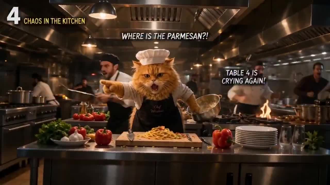 Seedance 2.0 Prompt: Michelin Chef Cat Kitchen Chaos