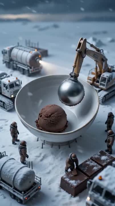 Seedance 2.0 Prompt: Cinematic Miniature Ice Cream Construction in a Blizzard