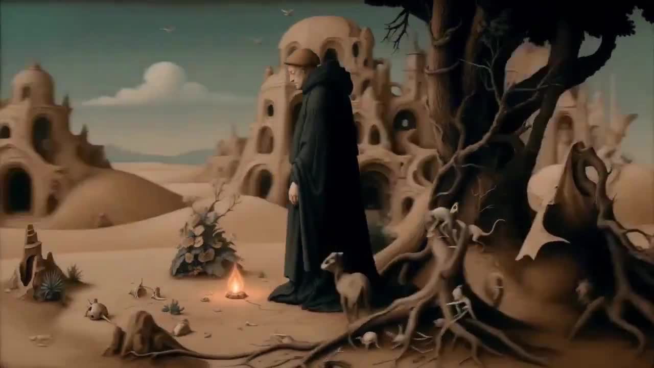 Seedance 2.0 Prompt: Monk Placing Glowing Flame in Hieronymus Bosch Style