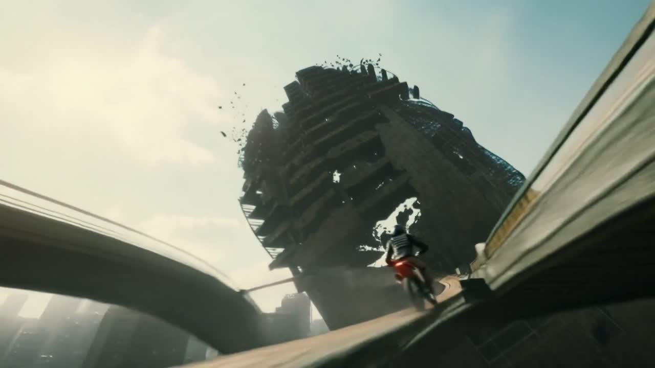 Seedance 2.0 Prompt: Motorcycle Rider Escapes Collapsing Skyscraper