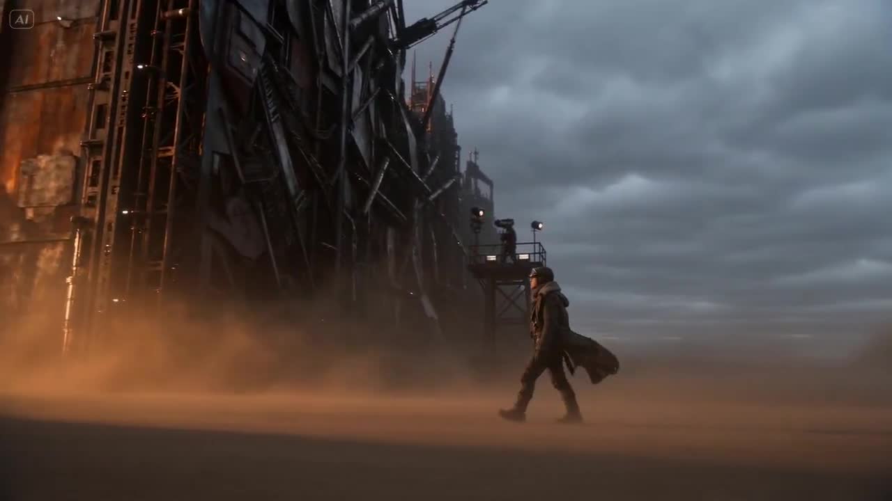 Seedance 2.0 Prompt: Nomad Approaches Scrap-Metal City Gates