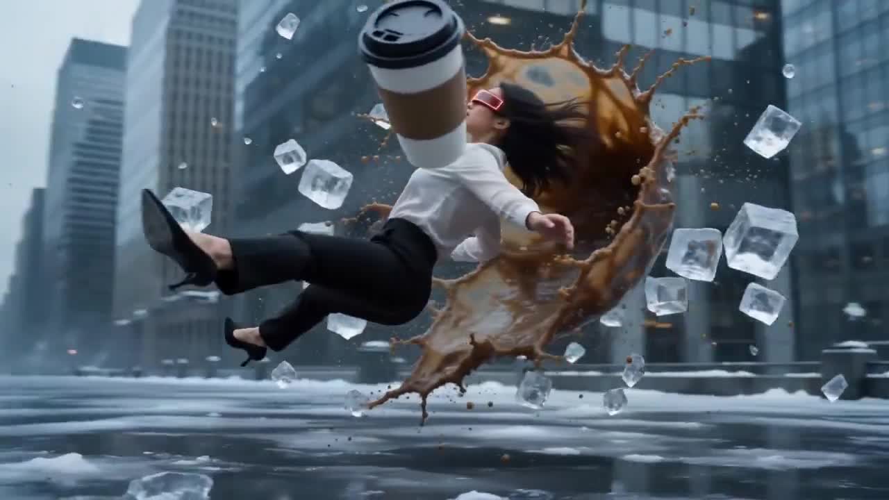 Seedance 2.0 Prompt: NYC Bullet-Time Coffee Spill