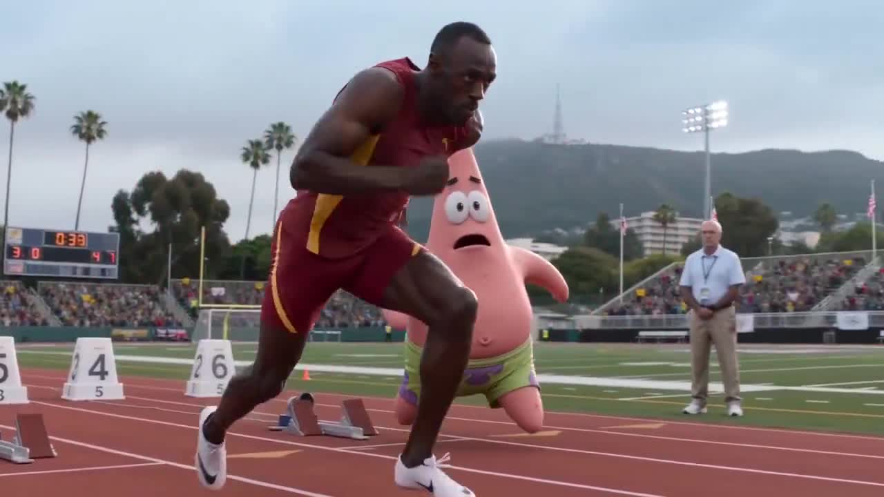 Seedance 2.0 Prompt: Patrick Star vs. Usain Bolt Race