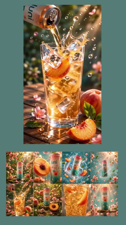 Seedance 2.0 Prompt: Juni Sparkling Adaptogen Peach Tea Ad