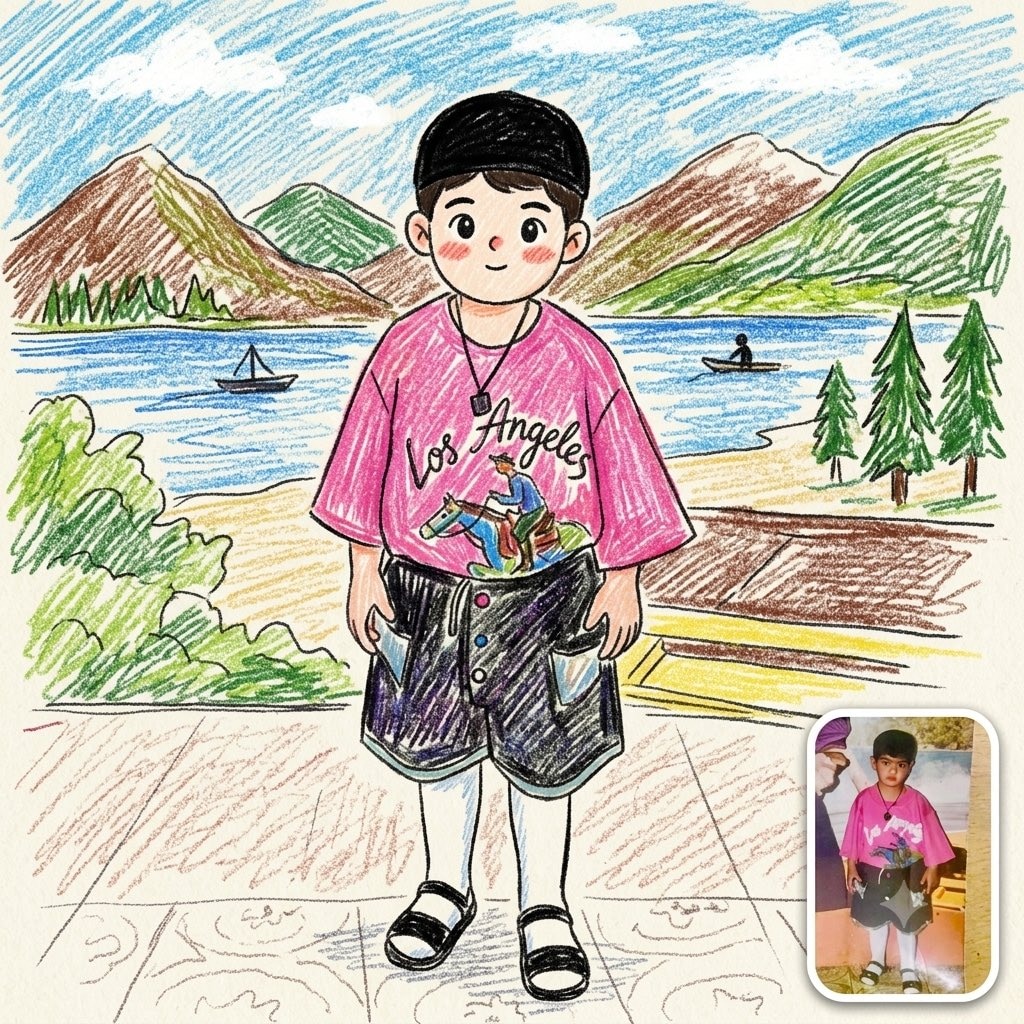 Photo to Cute Crayon Drawing Style AI Image Generation Prompt AI image prompt preview generated with Synterial