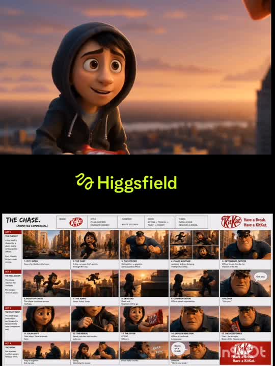 Seedance 2.0 Prompt: Pixar Style KitKat Commercial with City Chase